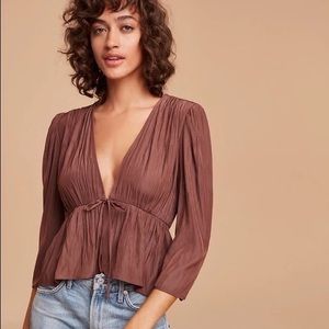 Aritzia Wilfred Shania brown satin front tie blouse